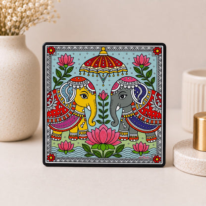 Madhubani elephant and lotus fridge magnet with colorful Indian folk art