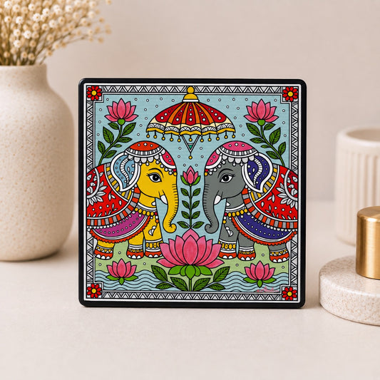 Madhubani elephant and lotus fridge magnet with colorful Indian folk art