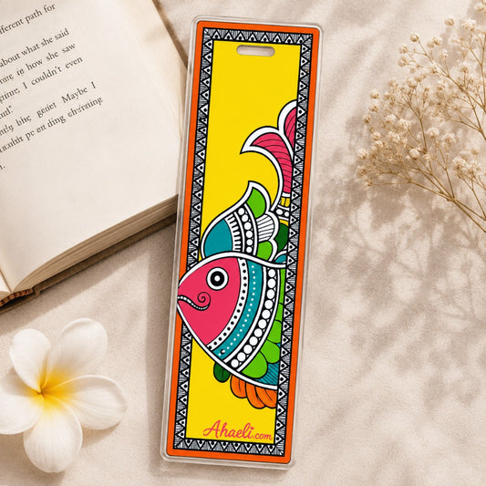 Madhubani fish acrylic bookmark with colorful fish and traditional Indian art design