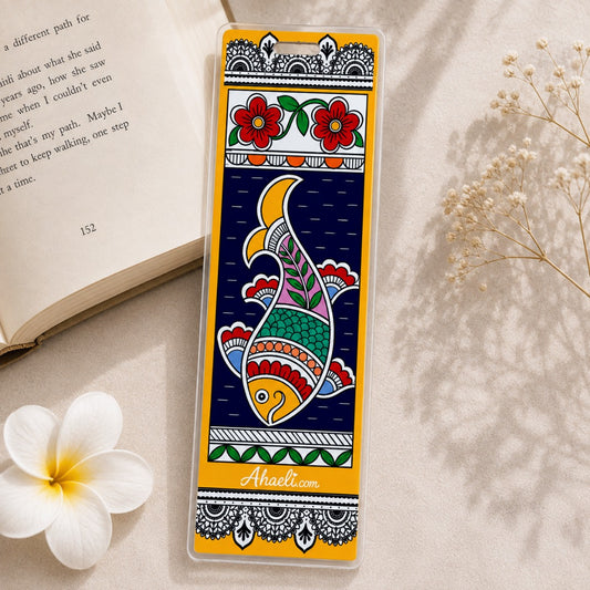 Madhubani fish acrylic bookmark with colorful traditional Indian art design