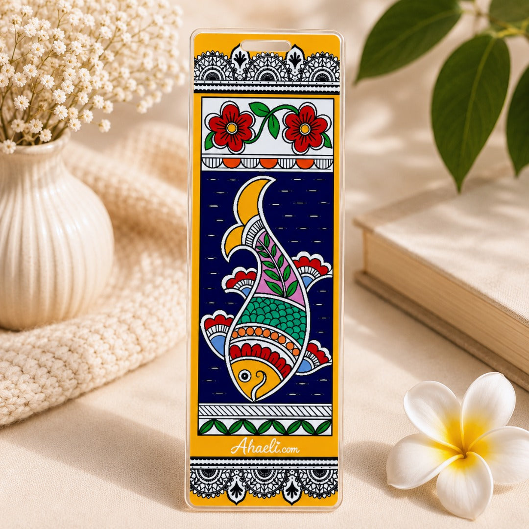 Madhubani fish acrylic bookmark featuring a colorful fish and floral motifs