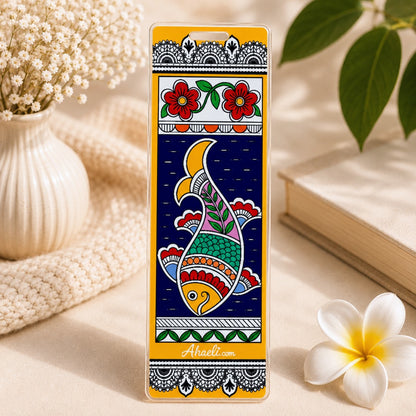 Madhubani fish acrylic bookmark featuring a colorful fish and floral motifs