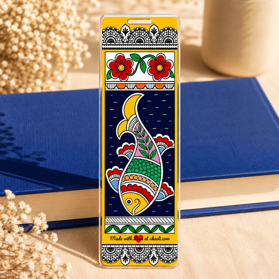 Madhubani Fish Acrylic Bookmark with intricate folk art details, a unique reading accessory and thoughtful gift for readers.