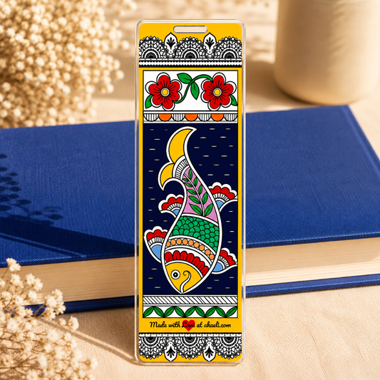 Madhubani Fish Acrylic Bookmark with intricate folk art details, a unique reading accessory and thoughtful gift for readers.
