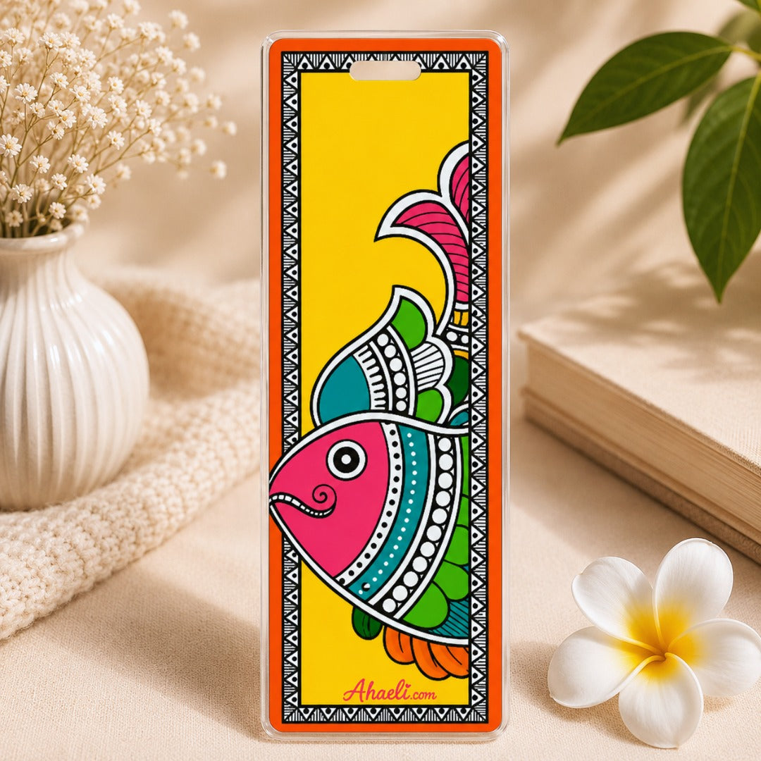 Madhubani fish acrylic bookmark with colorful fish and traditional Indian art design