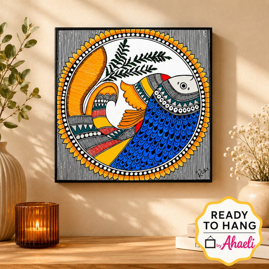Madhubani fish painting featuring a vibrant blue fish, intricate Mithila folk art patterns, decorative motifs, and traditional Indian folk art symbolism on canvas.