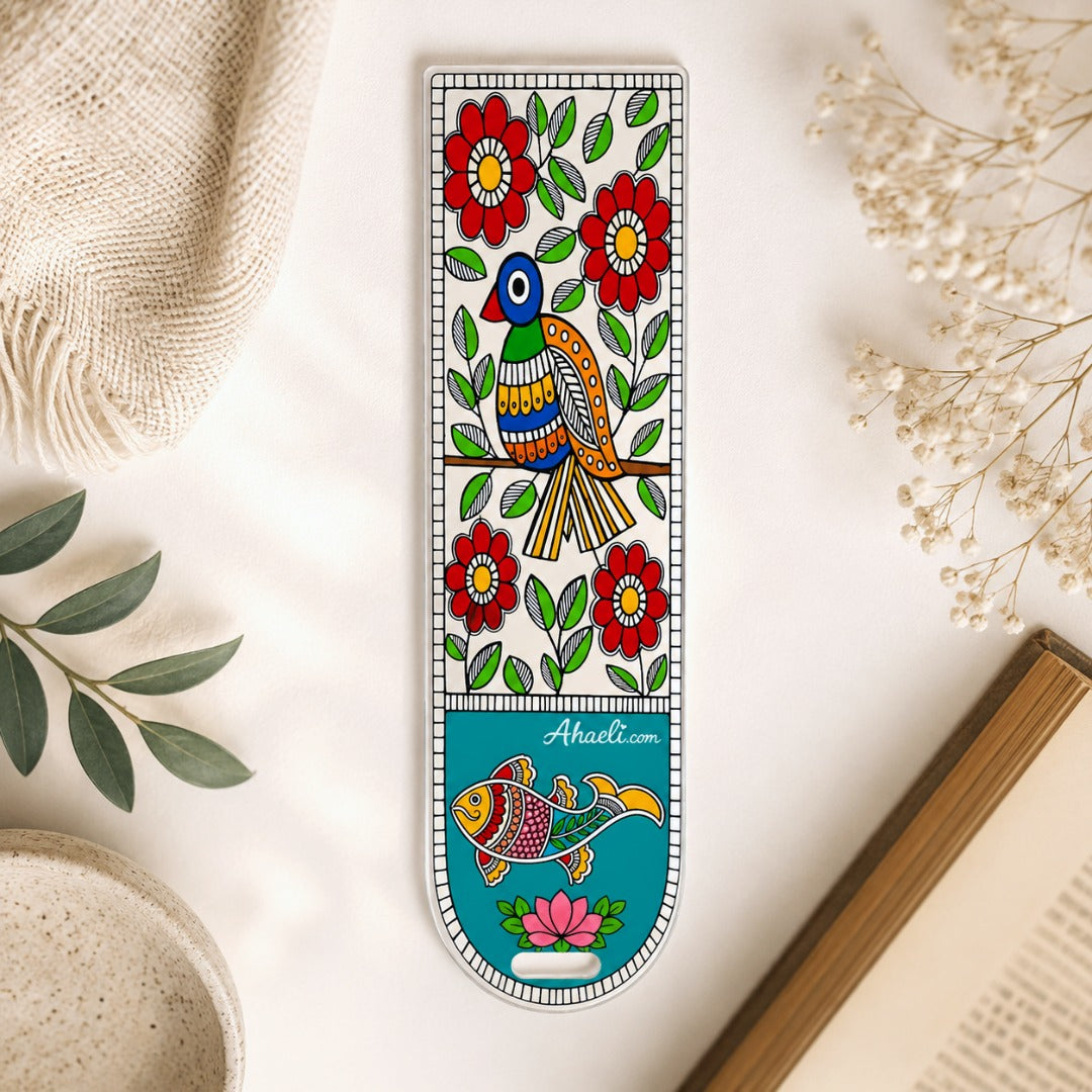 Madhubani floral birds acrylic bookmark featuring a colorful peacock, fish and floral folk art design