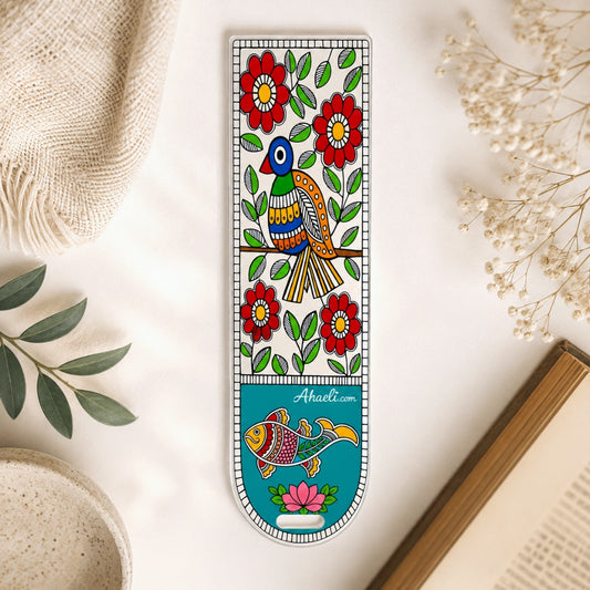 Madhubani floral birds acrylic bookmark featuring a colorful peacock, fish and floral folk art design