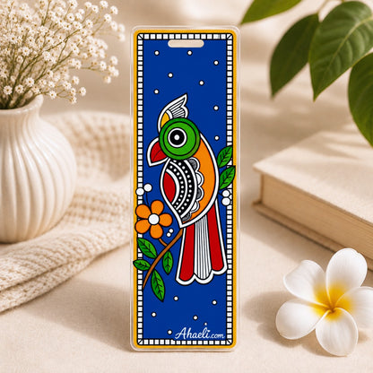 Madhubani inspired parrot acrylic bookmark with colorful traditional Indian art design