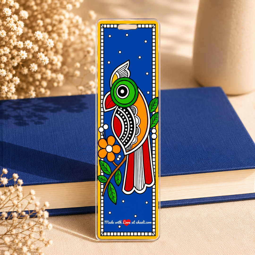 Traditional Madhubani-inspired parrot design on an acrylic bookmark, showcasing intricate Mithila folk art patterns and bright colors.