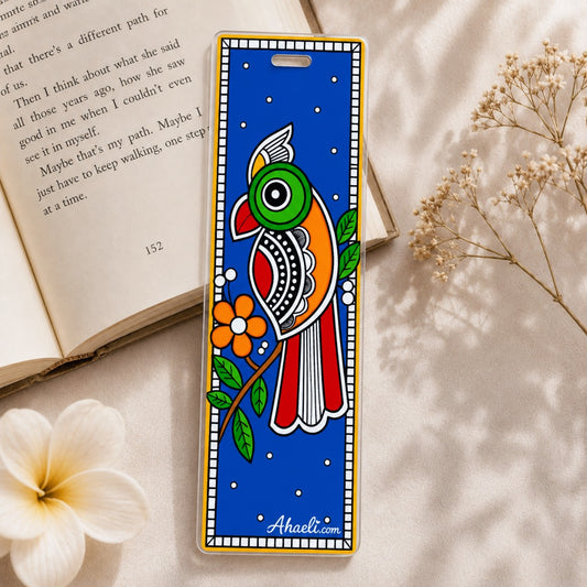 Madhubani inspired parrot acrylic bookmark featuring a colorful parrot and floral design