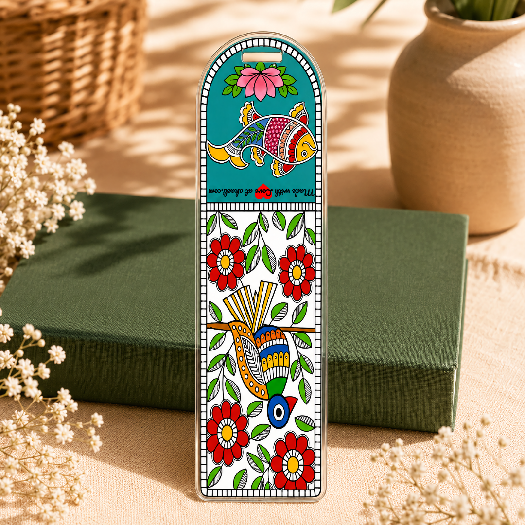 Madhubani Art Peacock and Fish Acrylic Bookmark featuring vibrant Mithila folk art, colorful Indian art bookmark for book lovers and unique gifts.