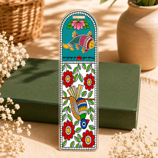 Madhubani Art Peacock and Fish Acrylic Bookmark featuring vibrant Mithila folk art, colorful Indian art bookmark for book lovers and unique gifts.