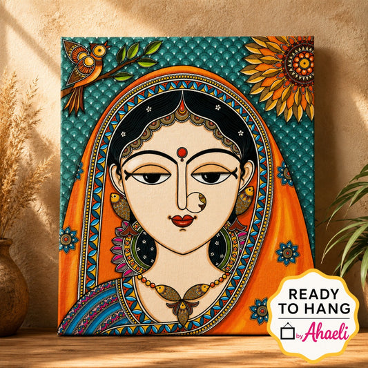Madhubani woman portrait painting featuring traditional Mithila folk art patterns, fish motifs, floral details, and vibrant decorative elements on canvas.