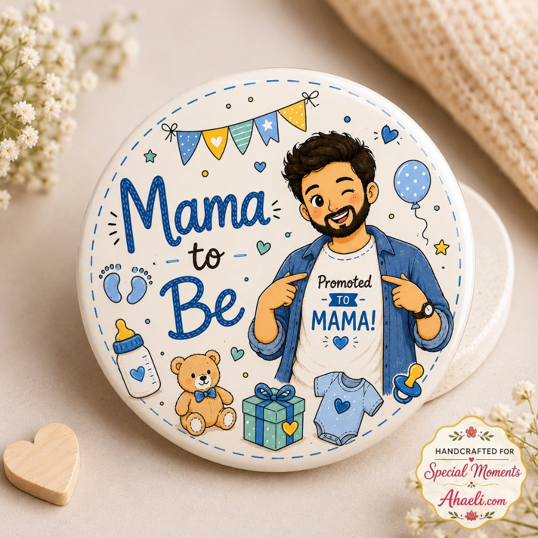 Cute Mama-to-Be baby shower badge featuring a maternal uncle illustration on a premium 58mm keepsake pin