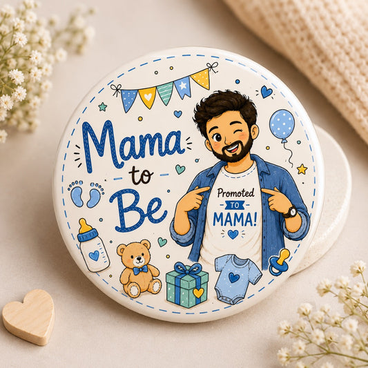 Cute Mama-to-Be baby shower badge featuring a maternal uncle illustration on a premium 58mm keepsake pin.