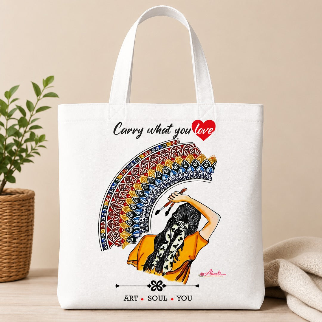 Mandala Artist Tote Bag featuring artistic woman illustration on white cotton canvas tote.