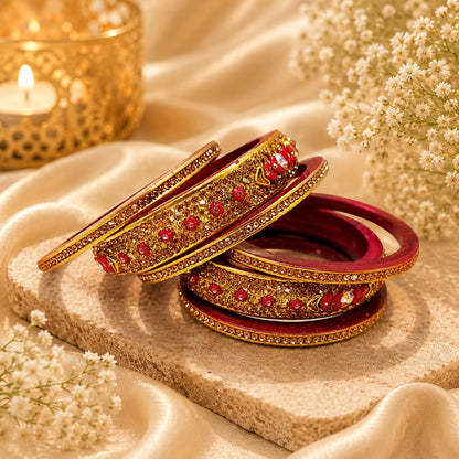 Maroon traditional lac bangle set for women with stone work and gold detailing, ideal for weddings, bridal wear, festive occasions, and ethnic celebrations.
