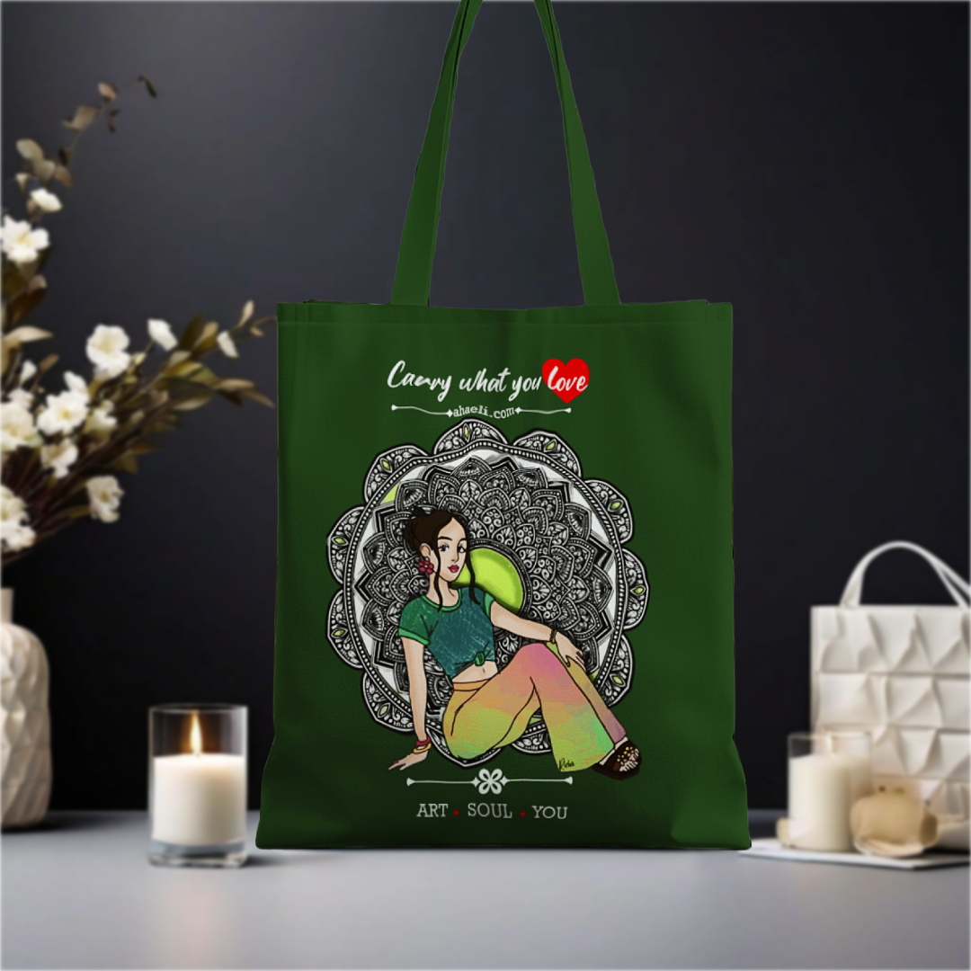 Boho girl illustration with a midnight-inspired theme printed on an eco-friendly reusable tote bag for everyday use.