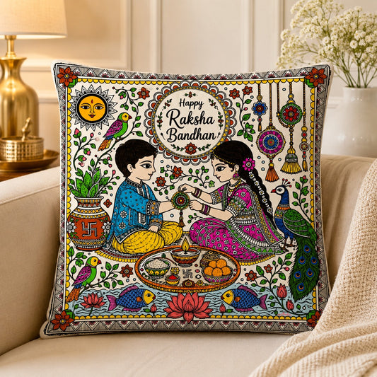 Mithila Art Raksha Bandhan Cushion Cover featuring traditional Indian folk art with brother and sister celebrating Raksha Bandhan