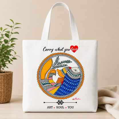 Mithila Fish Tote Bag featuring traditional Madhubani fish artwork on a white canvas tote.