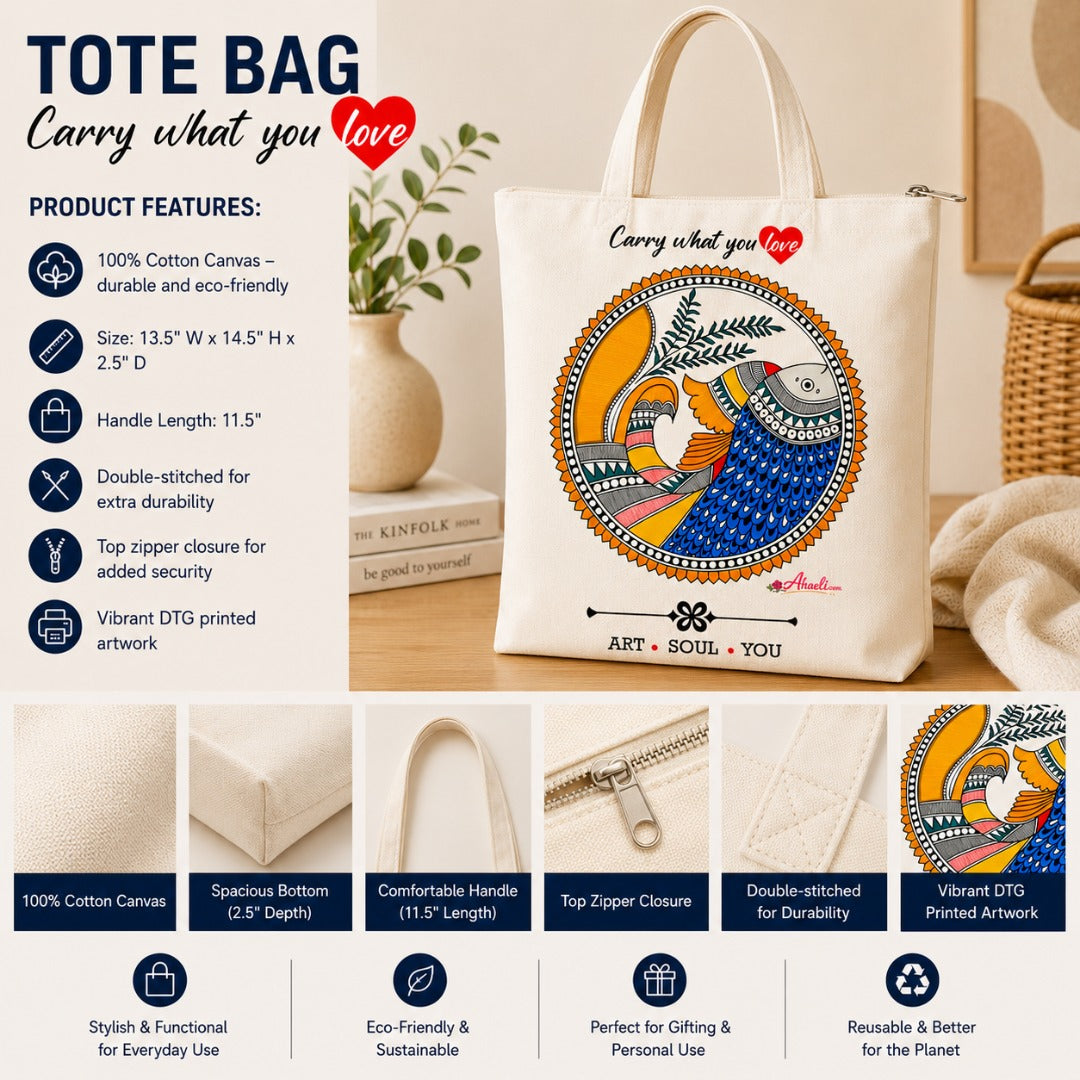 Ahaeli cotton canvas tote bag with colorful Mithila fish artwork, zipper closure, durable handles, and product features