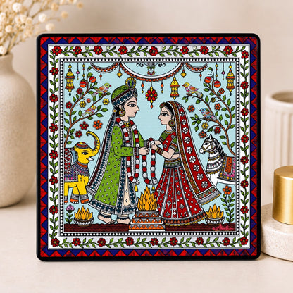 Handmade Mithila wedding fridge magnet featuring traditional Indian folk art with bride and groom, decorative home decor magnet inspired by Madhubani painting.
