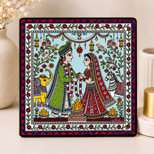 Handmade Mithila wedding fridge magnet featuring traditional Indian folk art with bride and groom, decorative home decor magnet inspired by Madhubani painting.