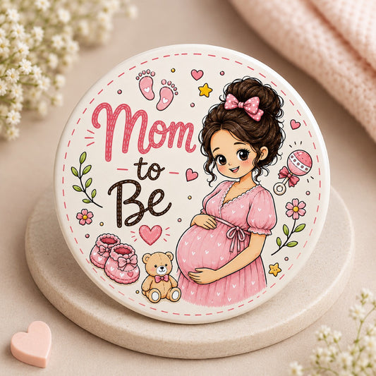 Mom to Be baby shower badge featuring a pregnant woman illustration on a premium round pin for pregnancy announcement celebrations