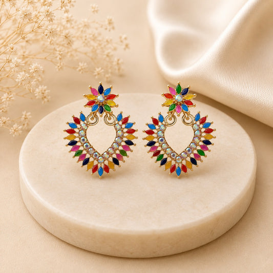 Multicolor Crystal Floral Statement Earrings for Women with colorful crystals and gold-tone finish