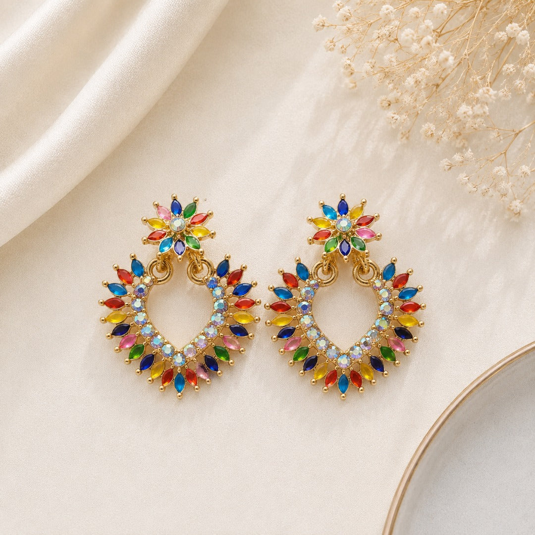 Front view of multicolor floral crystal statement earrings for women with vibrant rainbow-colored stones