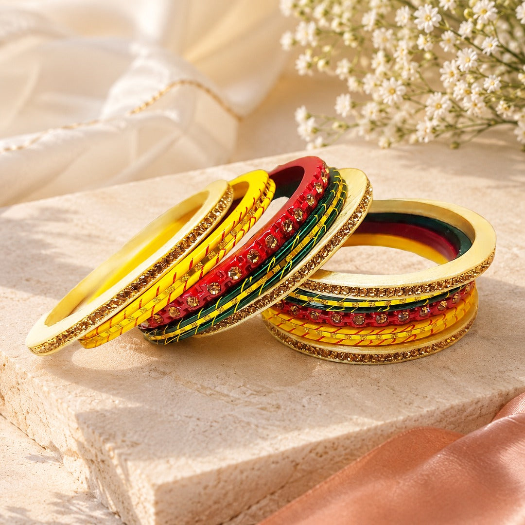 Multicolor traditional lac bangle set for women with gold-tone detailing, ideal for weddings, festivals, and bridal wear.