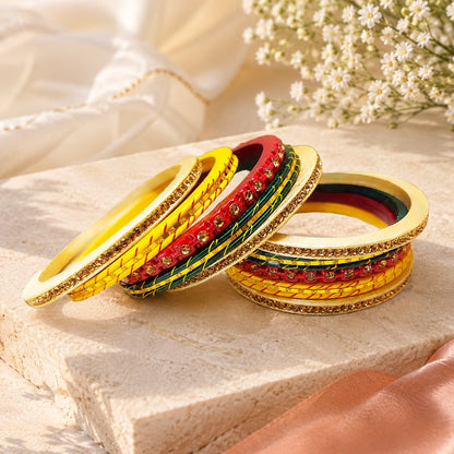 Multicolor traditional lac bangle set for women with gold-tone detailing, ideal for weddings, festivals, and bridal wear.