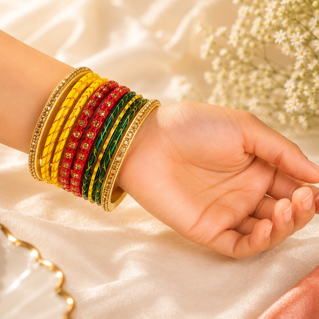 Woman wearing multicolor traditional lac bangles with gold-tone detailing, ideal for festive and bridal wear.