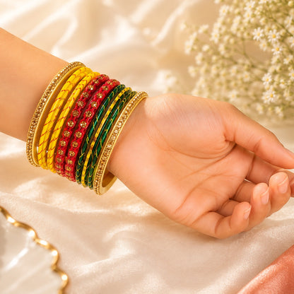 Woman wearing multicolor traditional lac bangles with gold-tone detailing, ideal for festive and bridal wear.