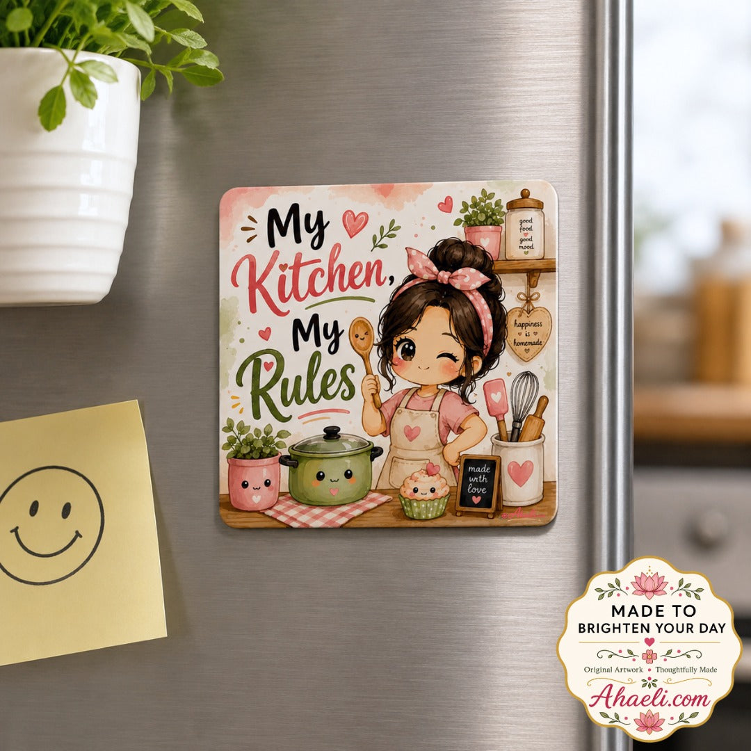 My Kitchen My Rules fridge magnet featuring a cute chef illustration, playful kitchen quote, and charming kitchen décor, perfect for refrigerators and home kitchens.