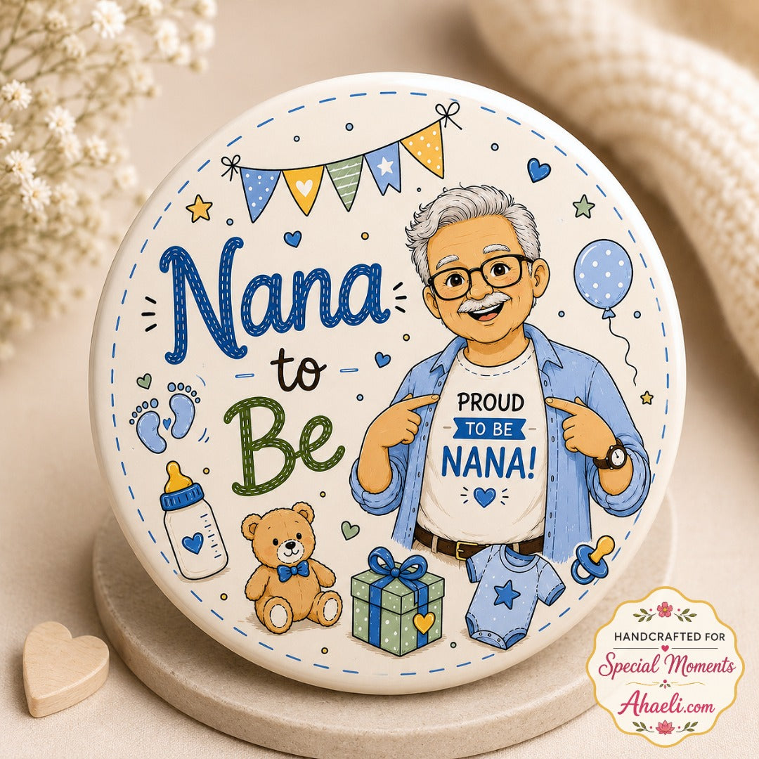 Cute Nana-to-Be baby shower badge featuring a maternal grandfather illustration on a premium 58mm keepsake pin