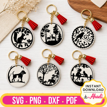 Nature Charms Acrylic Keychain Craft Bundle featuring six wildlife and nature-inspired designs including squirrel, deer, bird, dog, elephant, and girl with cat silhouettes. SVG, PNG, DXF and PDF digital files for Cricut and Silhouette.