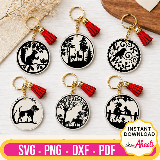 Nature Charms Acrylic Keychain Craft Bundle featuring six wildlife and nature-inspired designs including squirrel, deer, bird, dog, elephant, and girl with cat silhouettes. SVG, PNG, DXF and PDF digital files for Cricut and Silhouette.