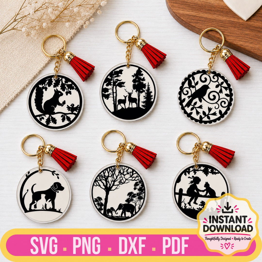 Nature Charms Acrylic Keychain Craft Bundle featuring six wildlife and nature-inspired designs including squirrel, deer, bird, dog, elephant, and girl with cat silhouettes. SVG, PNG, DXF and PDF digital files for Cricut and Silhouette.