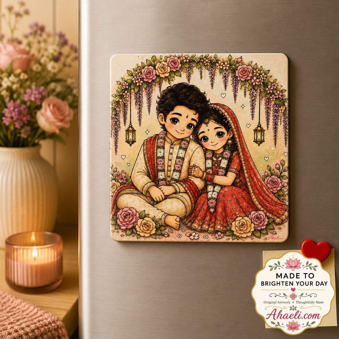 Newlywed Couple Fridge Magnet featuring a bride and groom surrounded by floral decorations, romantic wedding artwork, and keepsake design.