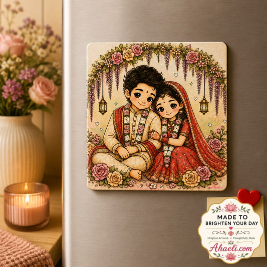 Newlywed Couple Fridge Magnet featuring a bride and groom surrounded by floral decorations, romantic wedding artwork, and keepsake design.