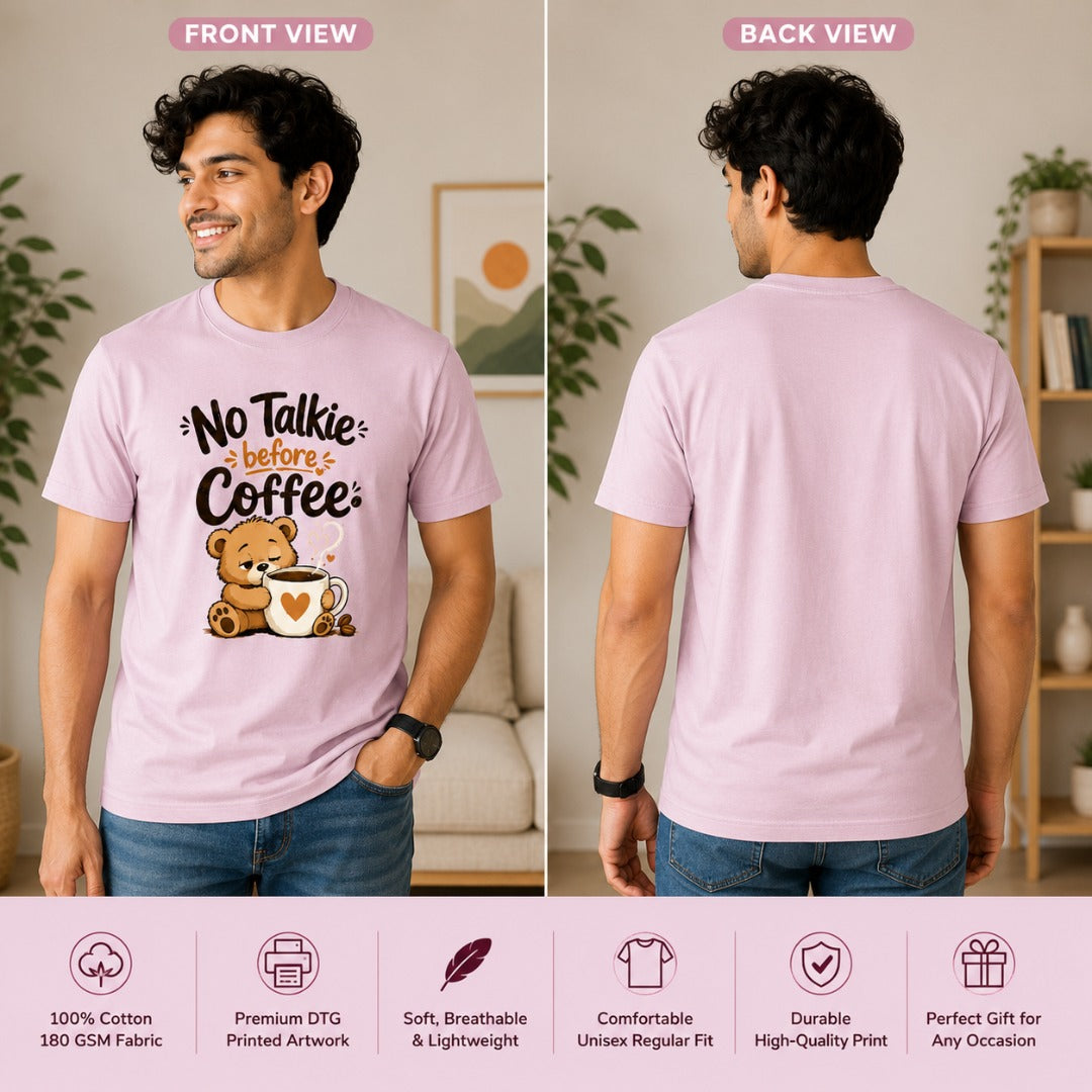 A man modeling a light pink short-sleeve T-shirt shown from both front and back. The front view includes the text 'No Talkie before Coffee' with a small brown bear and coffee cup graphic.