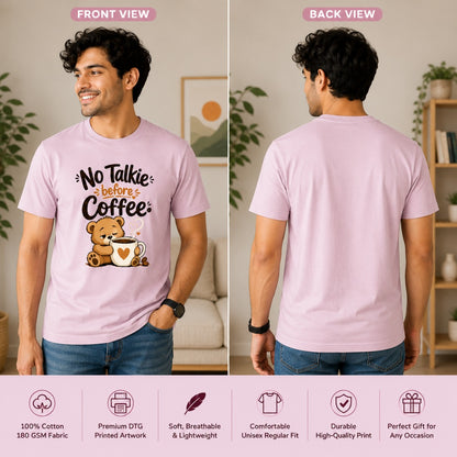 A man modeling a light pink short-sleeve T-shirt shown from both front and back. The front view includes the text 'No Talkie before Coffee' with a small brown bear and coffee cup graphic.