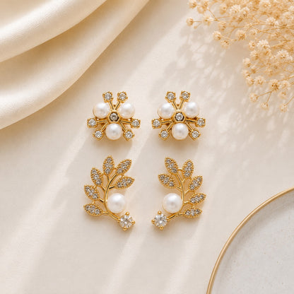 Elegant pearl floral and leaf stud earrings beautifully displayed on a premium jewelry card.