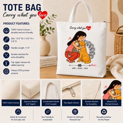 Ahaeli cotton canvas tote bag with girl hugging dog and cat illustration, zipper closure, durable handles, and product features