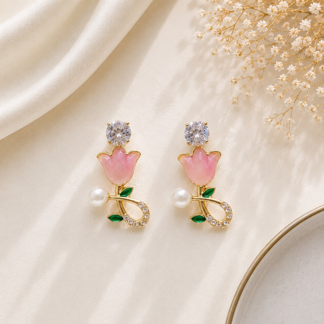Elegant Pink Floral Pearl and Crystal Stud Earrings Combo Set for Women