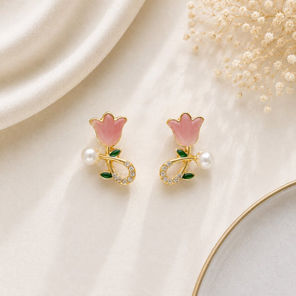 Elegant Pink Floral Pearl Stud Earrings with Artificial Pearl and Gold Finish for Women