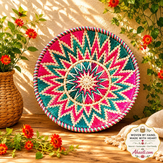 Handcrafted pink floral Sikki grass decorative bowl basket with colorful woven design for boho wall and table décor