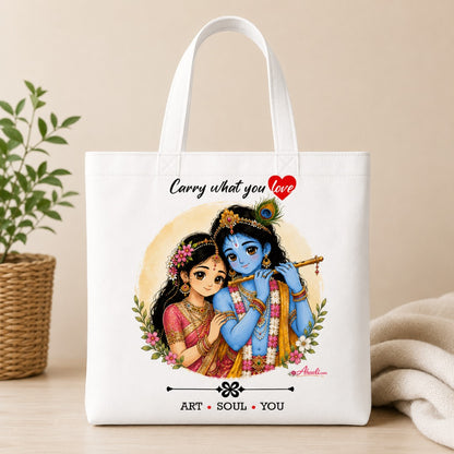 Radha Krishna Tote Bag featuring devotional artwork of Radha and Krishna on a white canvas tote.